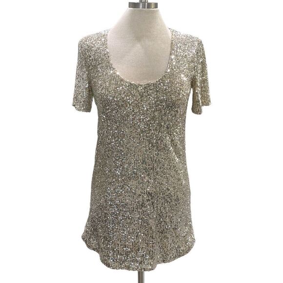 BB Dakota silver shimmer sequins lined sleeve length 3 1/2 dress length 30 - Picture 1 of 4